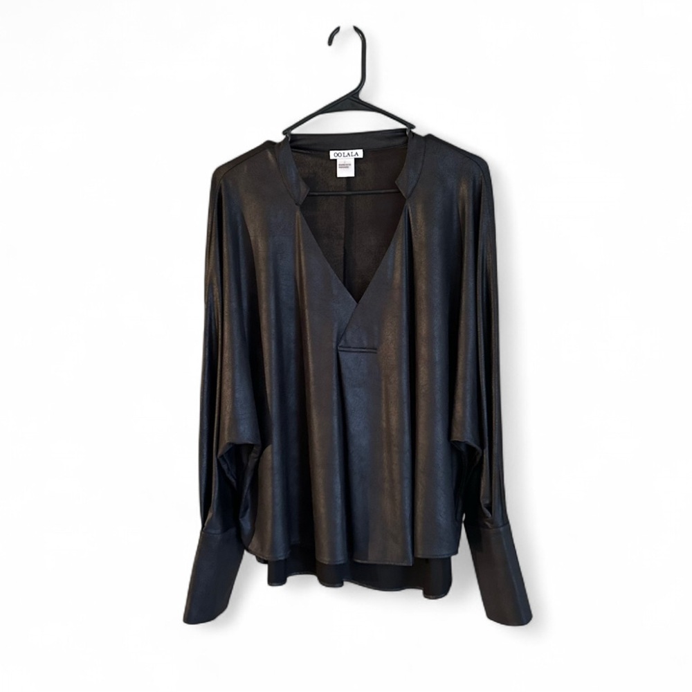 OO LA LA Elegant Timeless Soft Sheen Black V-Neck Long Sleeve Top Blouse size L